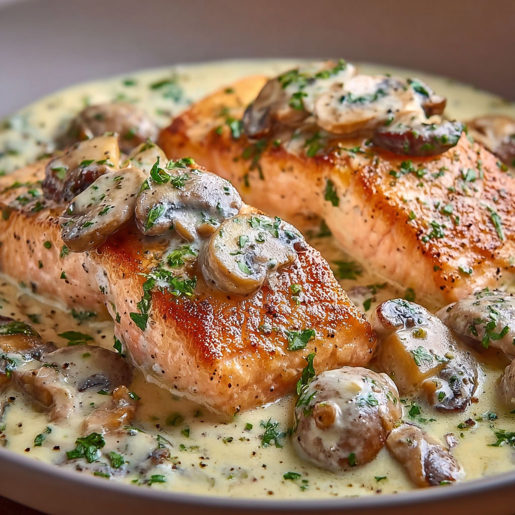 Saumon nappé de sauce aux champignons et herbes fraîches