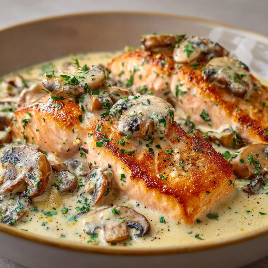 Plat de poisson doré avec champignons et herbes fraîches.