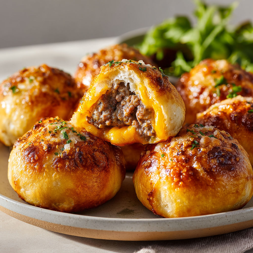 Boules moelleuses façon cheeseburger au parmesan et herbes fraîches sur assiette.