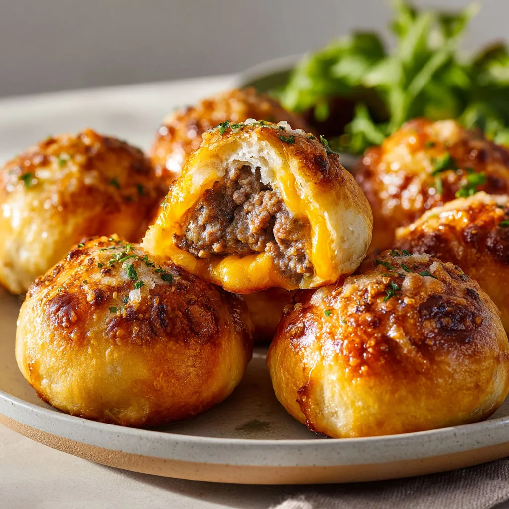 Boules moelleuses façon cheeseburger au parmesan et herbes fraîches sur assiette.