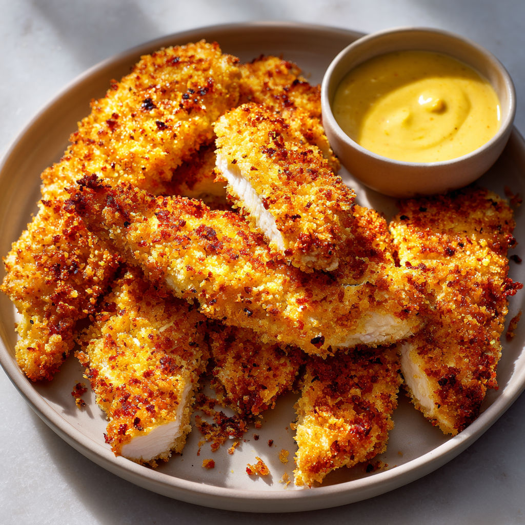 Gros plan sur des nuggets croustillants servis avec une sauce au yaourt sur un plateau.