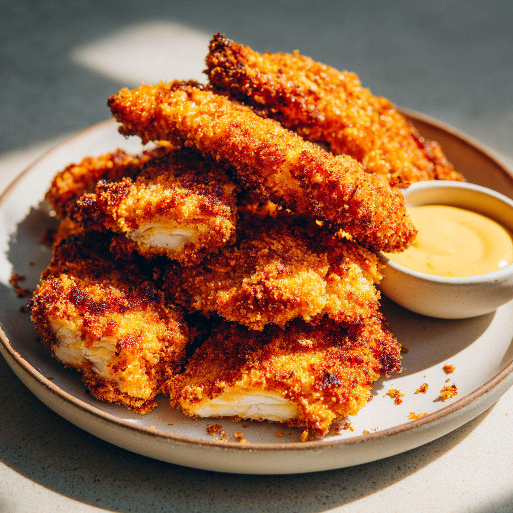 Belles tranches de poulet croustillant empilées sur un plateau.