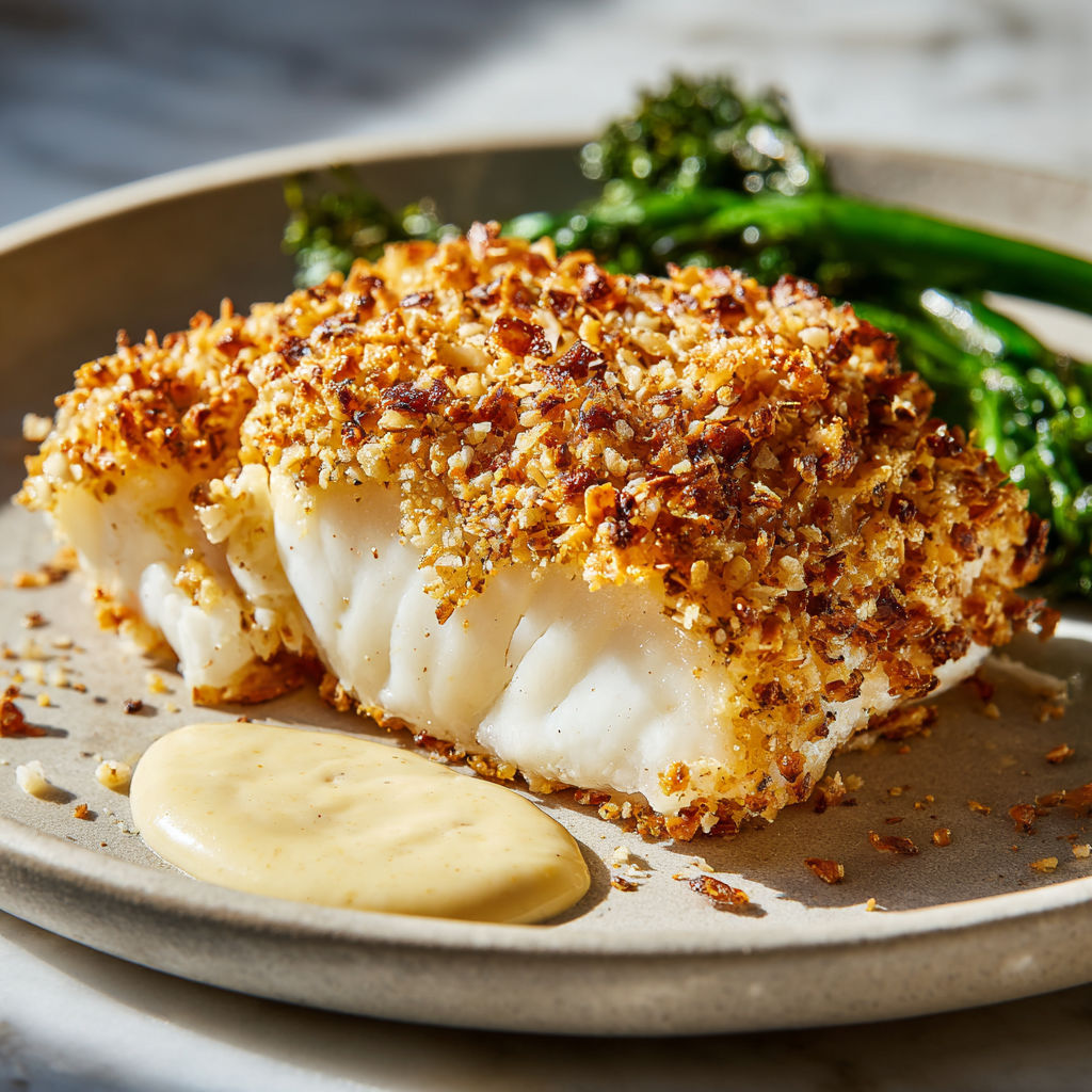 Savoureux poisson en croûte de bretzels servi sur un plat en céramique.