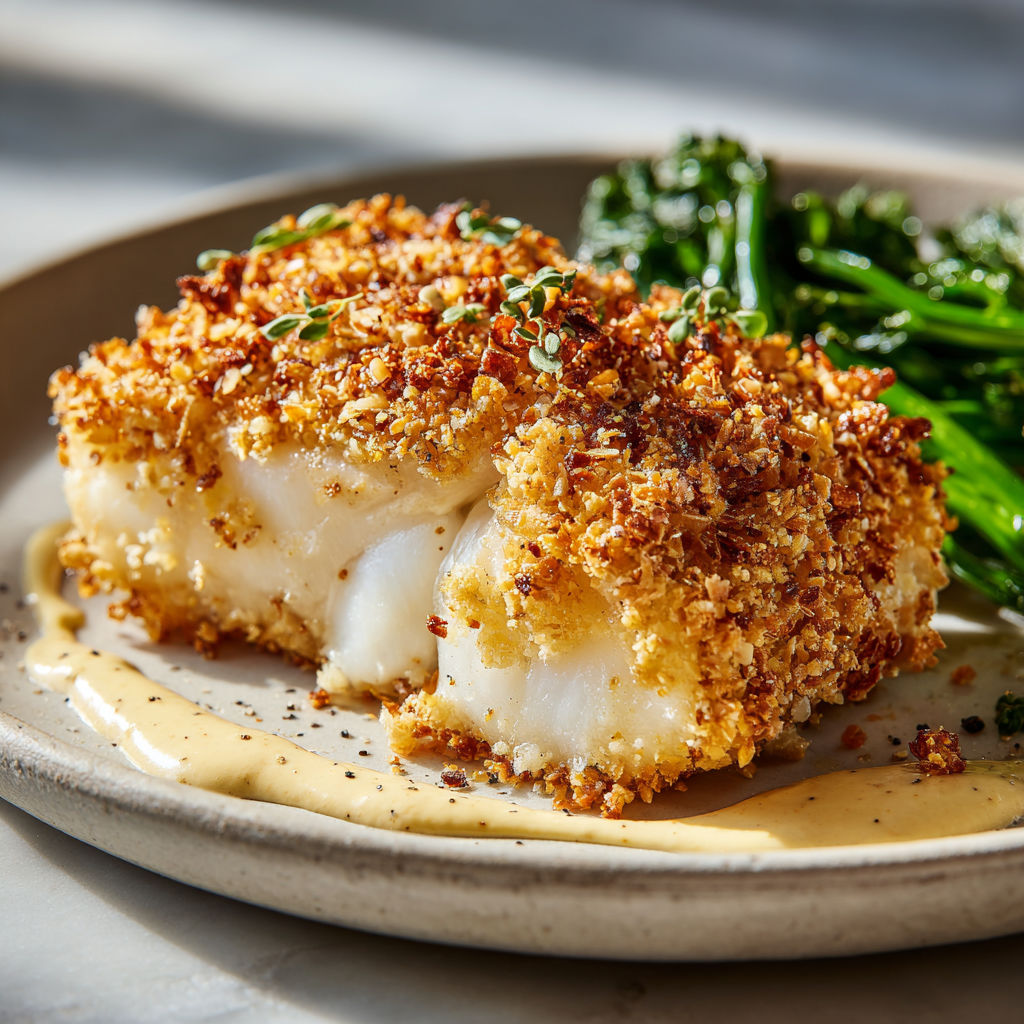 Un poisson pané croustillant et des herbes fraîches sur un plateau avec légumes verts.