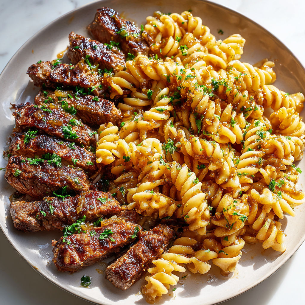 Steak tendre assorti de pâtes baignées dans une sauce miel ail.