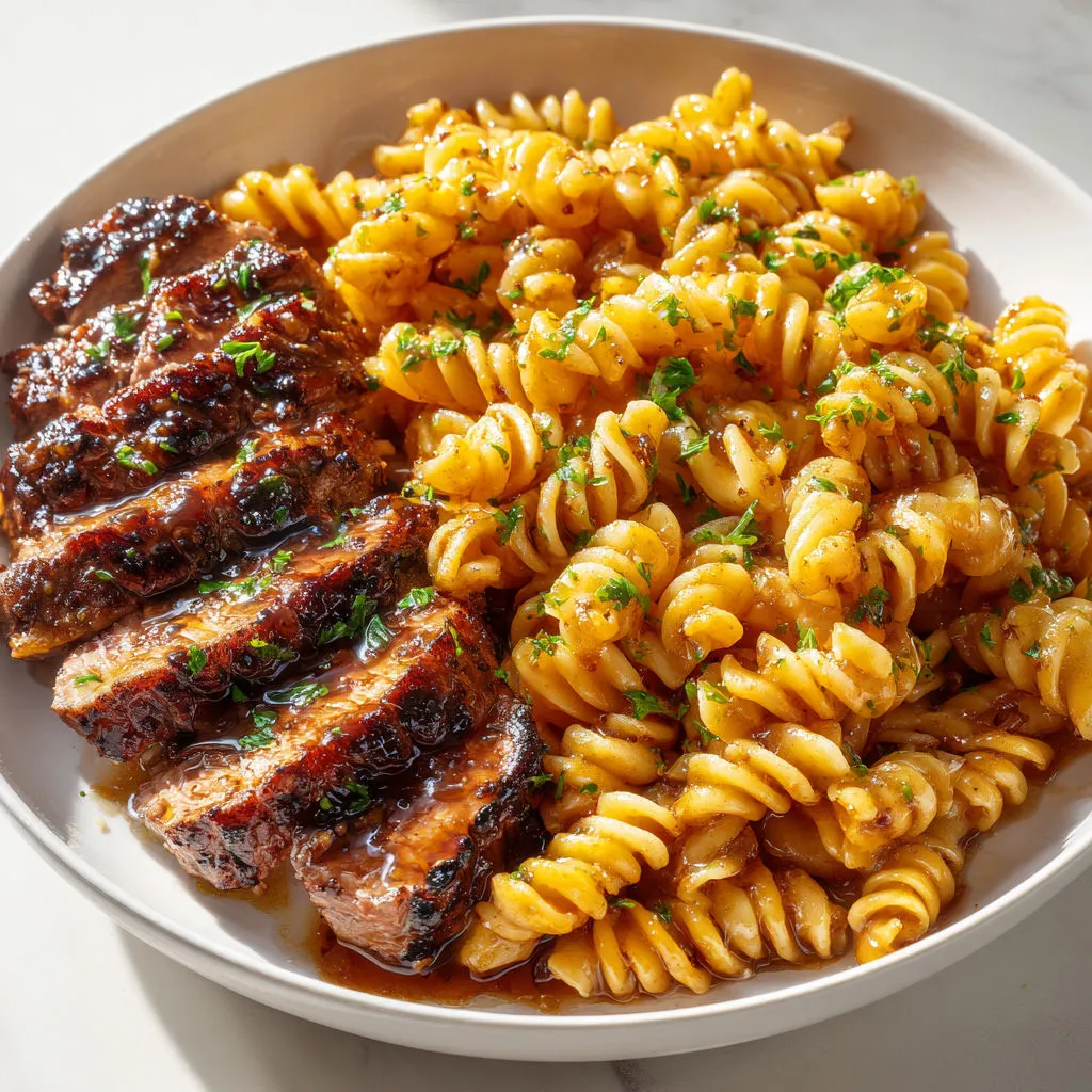 Une assiette de pasta avec steak grillé.