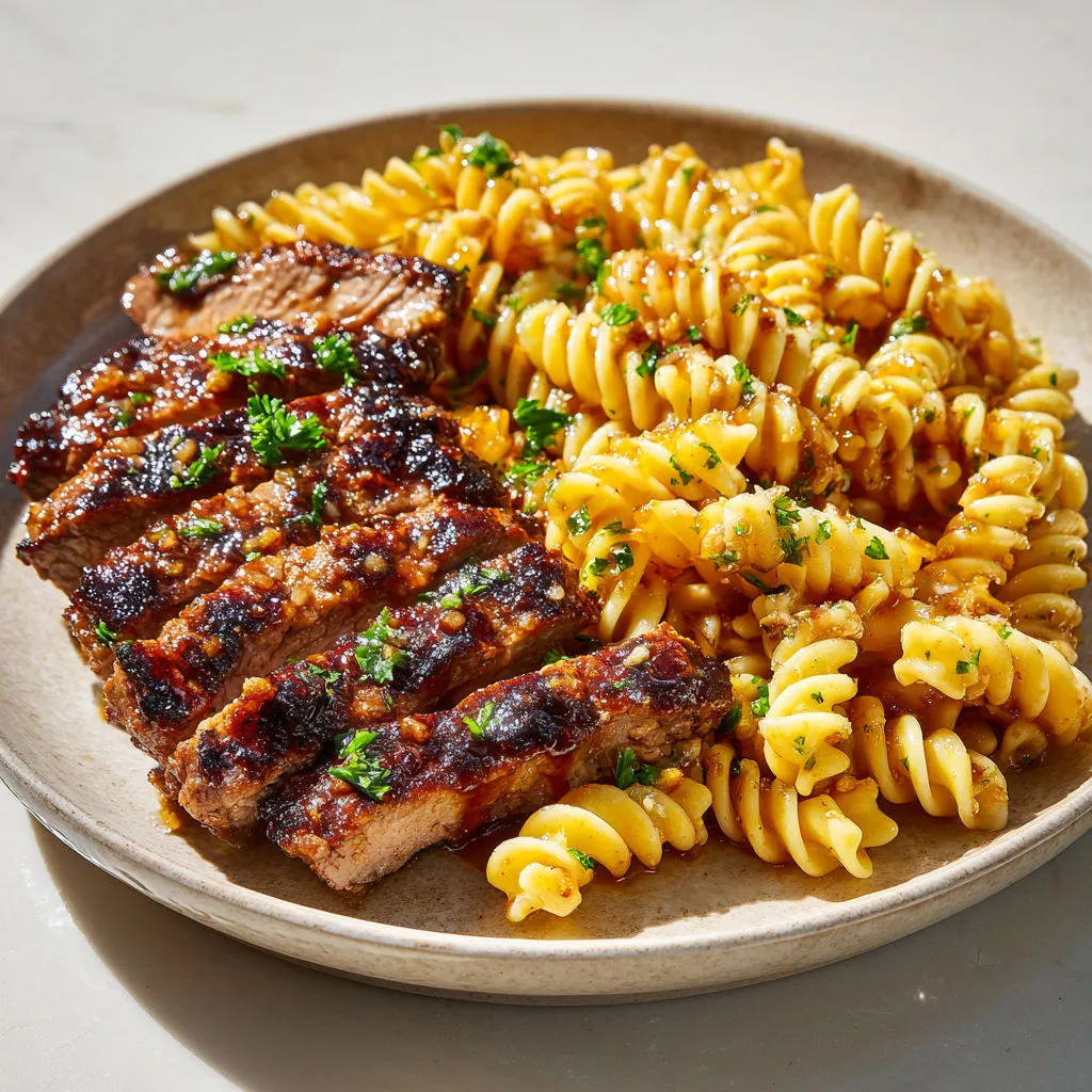 Une belle viande grillée avec des pâtes et des herbes fraîches.
