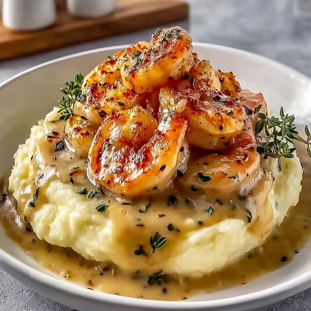 Assiette de crevettes avec sauce crémeuse à l'ail sur purée maison.