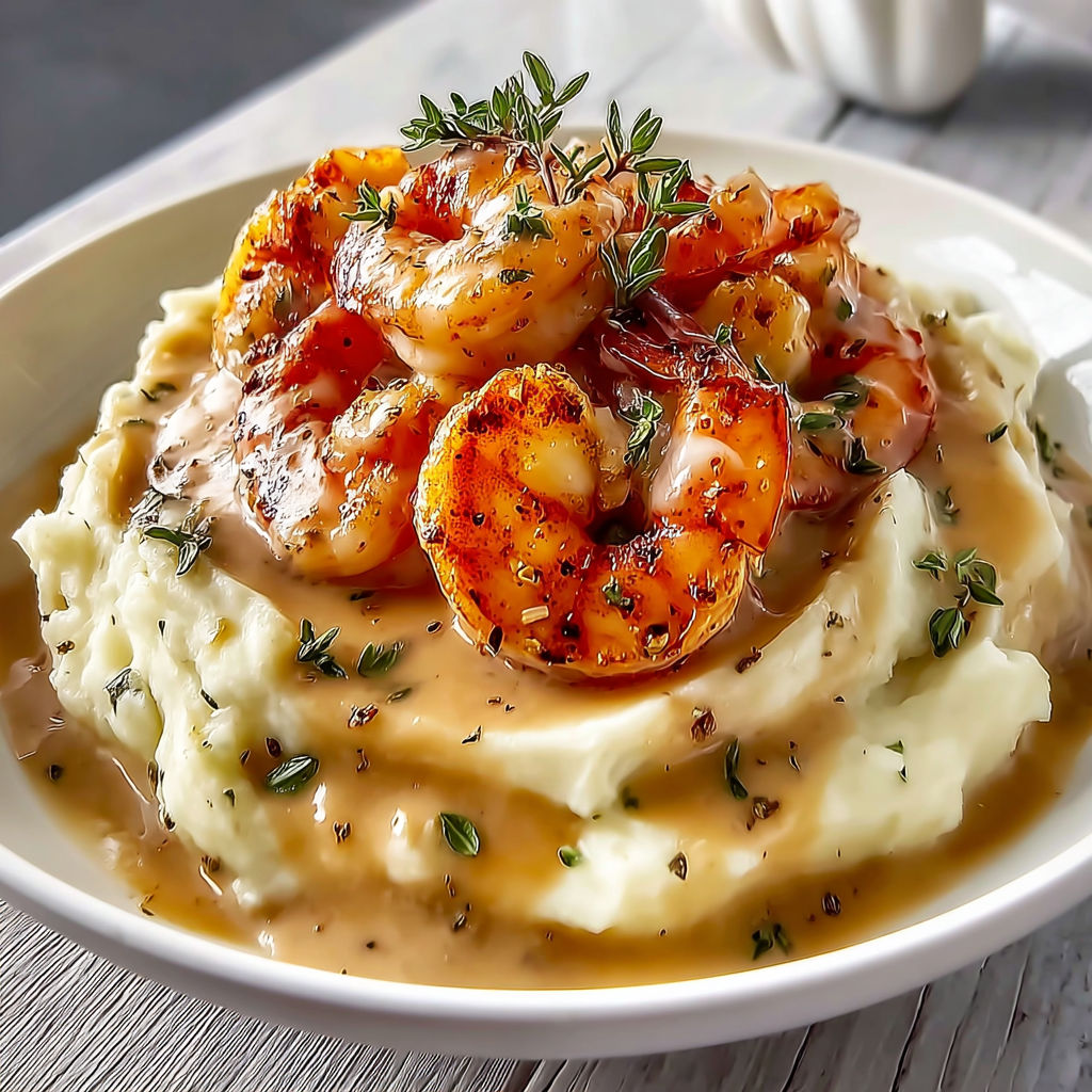 Une belle assiette avec du riz et des langoustines recouvertes d'une sauce au beurre.