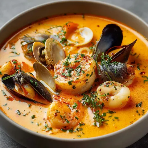 Un bol de soupe crémeuse débordant de fruits de mer comme langoustines, moules et autres coquillages.