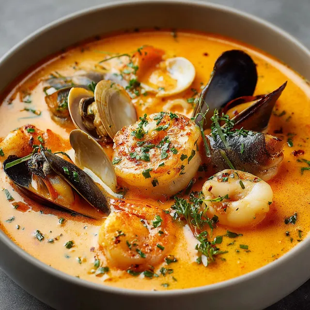 Un bol de soupe crémeuse débordant de fruits de mer comme langoustines, moules et autres coquillages.