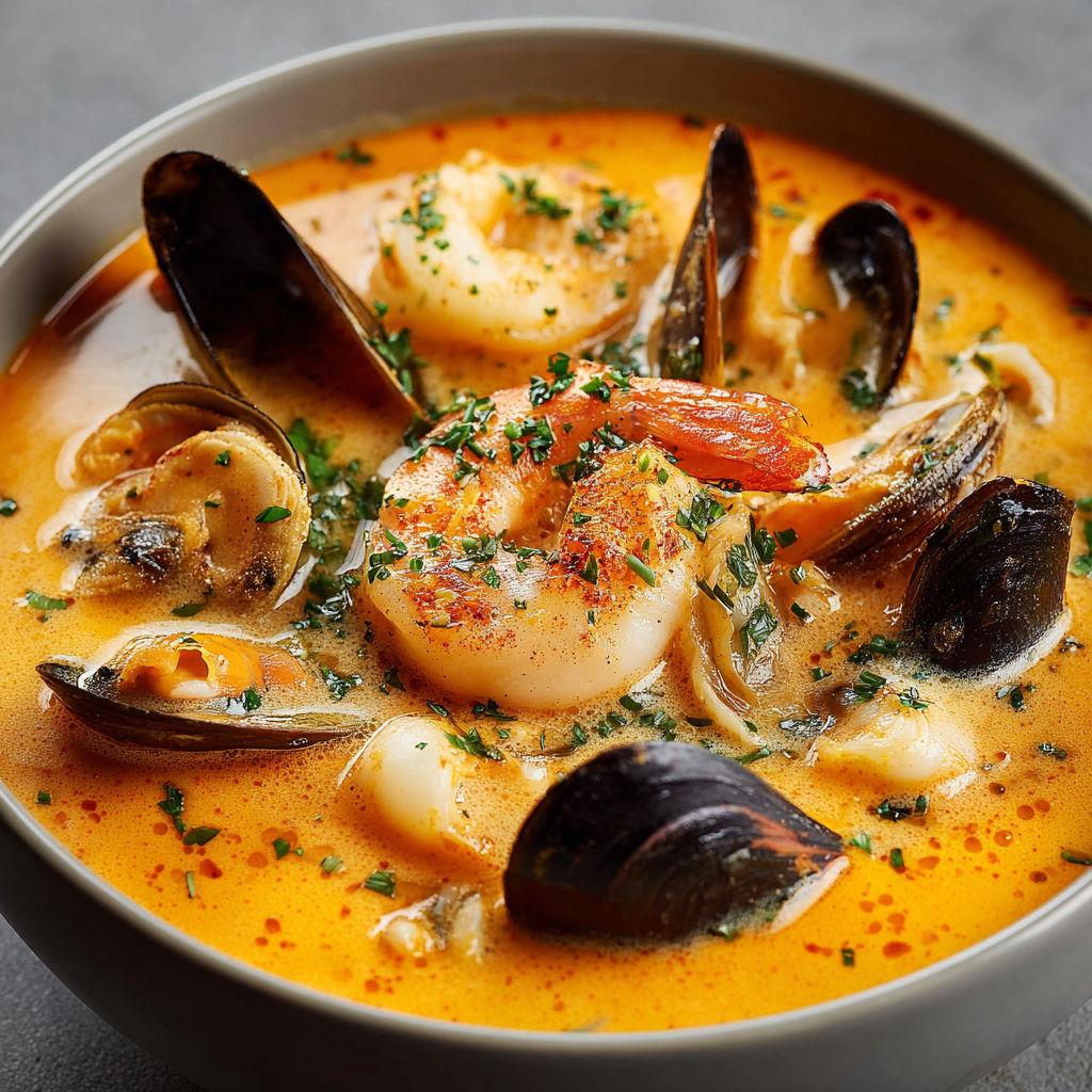 Un bol rempli d’une soupe onctueuse aux fruits de mer avec moules crevettes et épinards tout chaud sur la table