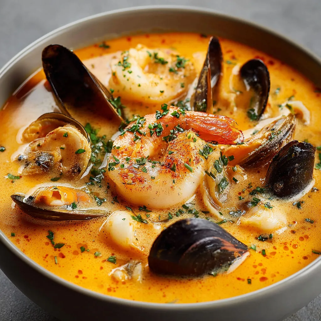 Un bol rempli d’une soupe onctueuse aux fruits de mer avec moules crevettes et épinards tout chaud sur la table