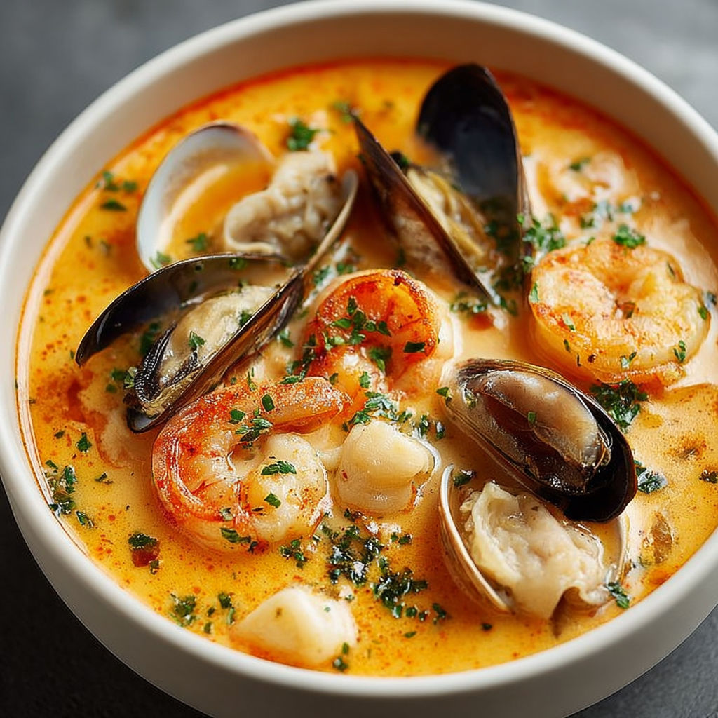 Un plat réconfortant de soupe aux fruits de mer bien crémeuse avec moules crustacés et légumes sur la table
