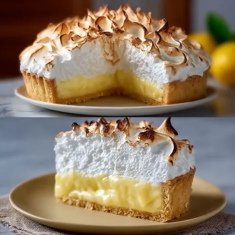 Un gâteau au citron meringué, partiellement découpé, reposant sur un plateau élégant.