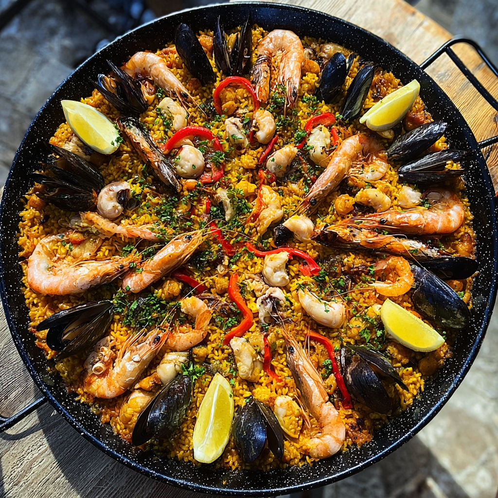 Une généreuse paella marine décorée avec des gambas, légumes frais et persil servie sur une table en extérieur.