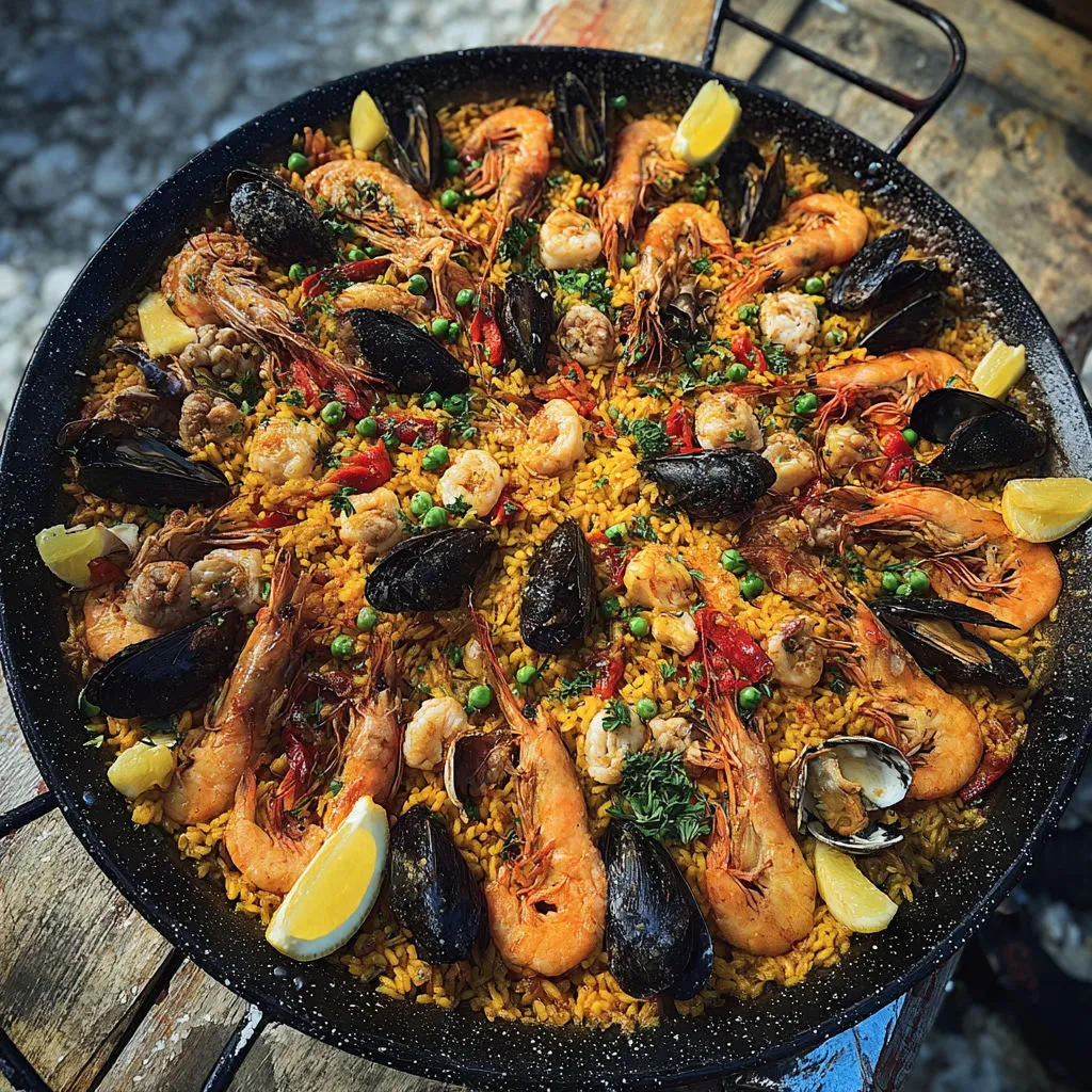 Un grand plat de fruits de mer et de légumes colorés.