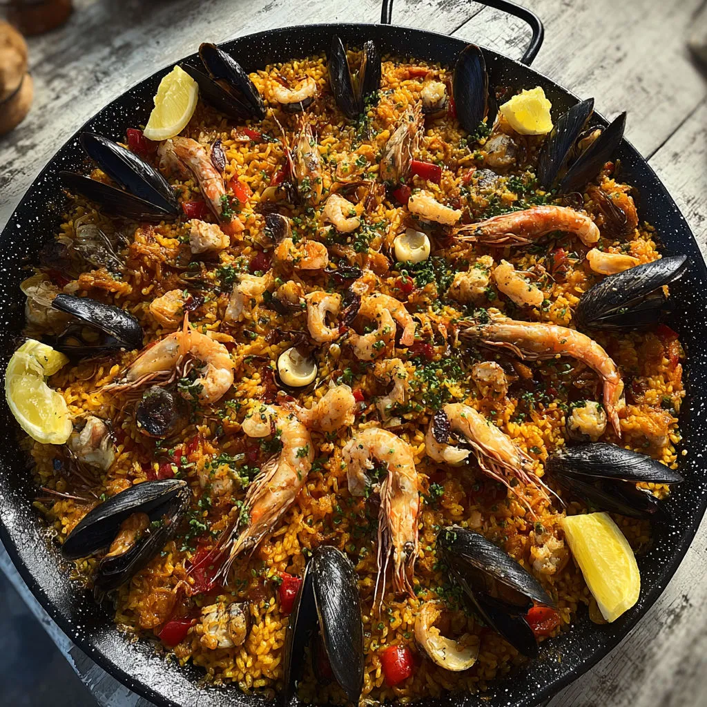 Un plat familial de moules, tomates, oignons et épinards cuisinés ensemble.