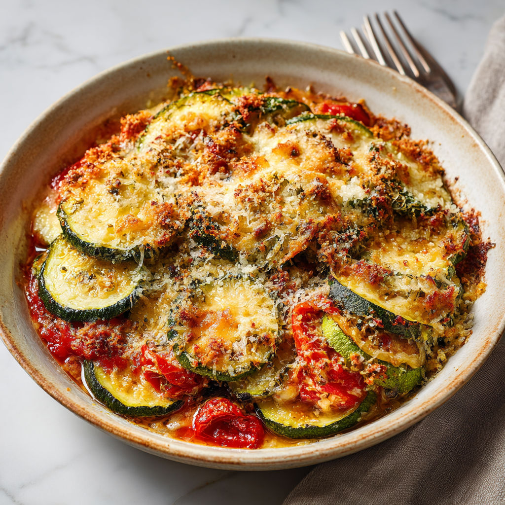 Une pizza aux courgettes et tomate, servie dans un bol en céramique.
