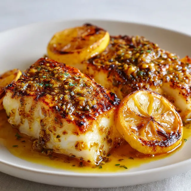 Filets de poisson au glaçage miel-moutarde et citrons grillés.
