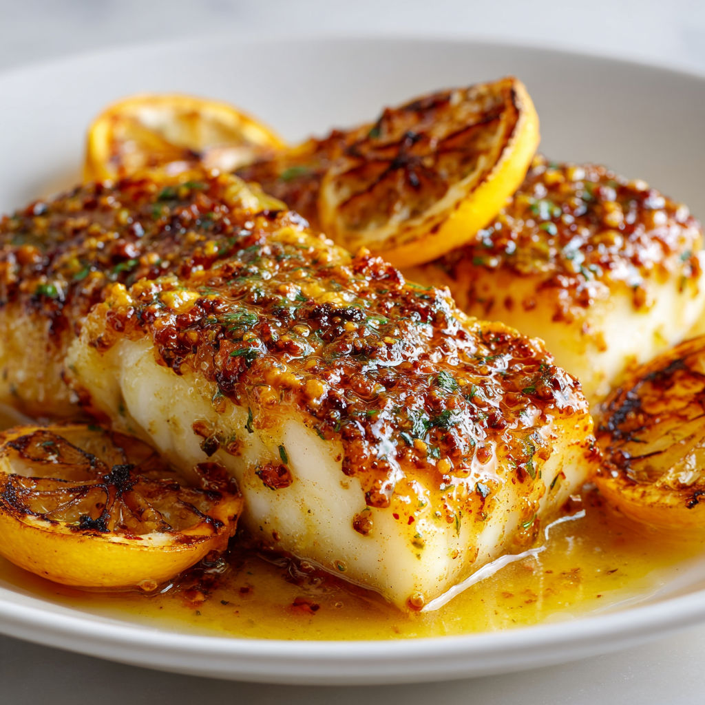 Poisson grillé, citrons et herbes servi avec une sauce.