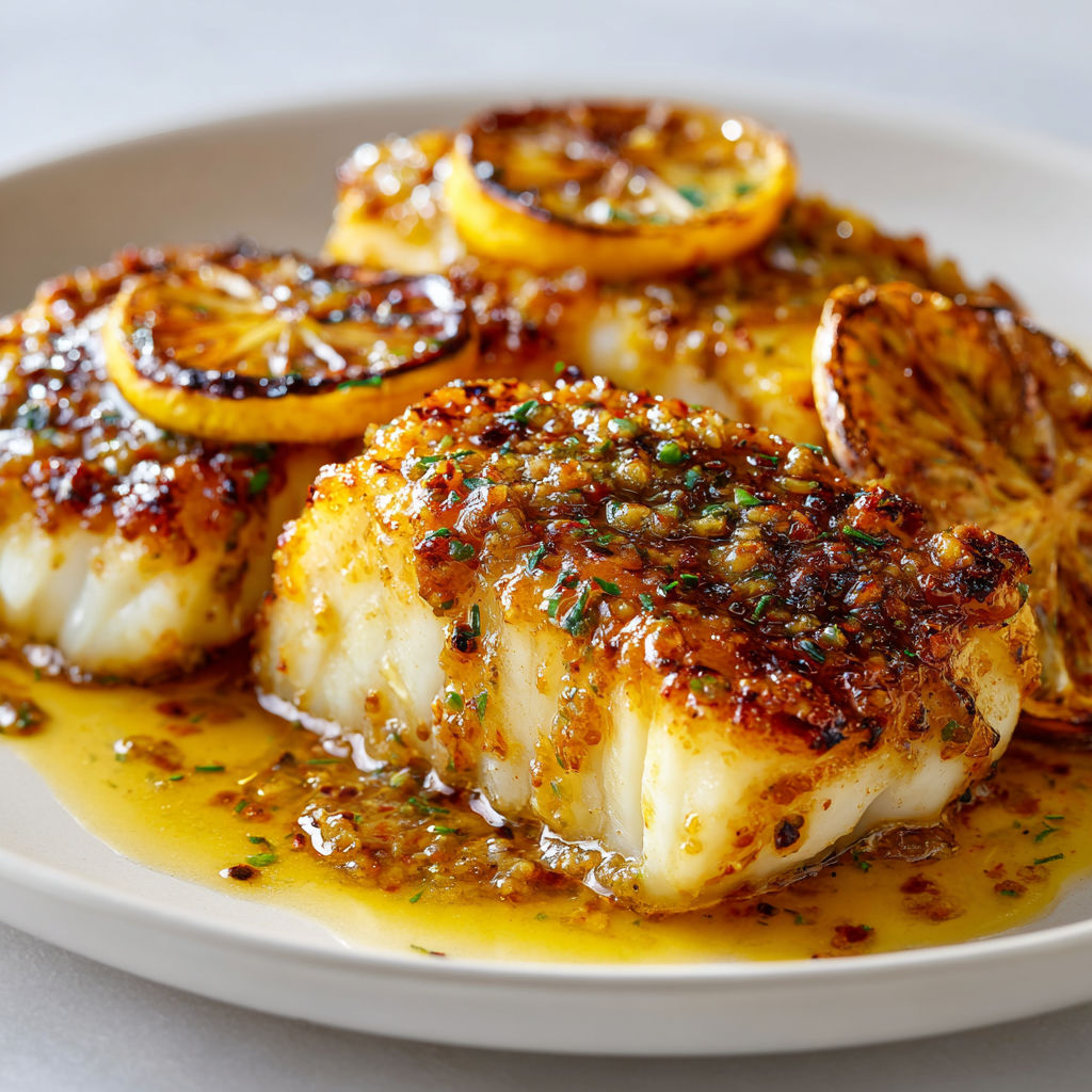 Filets de poisson grillé avec citrons et herbes dans une poêle.