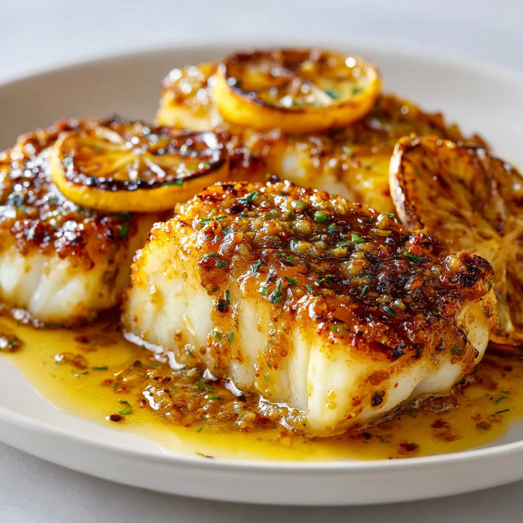 Filets de poisson grillé avec citrons et herbes dans une poêle.