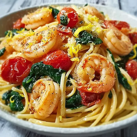 Un plat de pâtes aux crevettes avec épinards, sauce parfumée au beurre à l'ail.