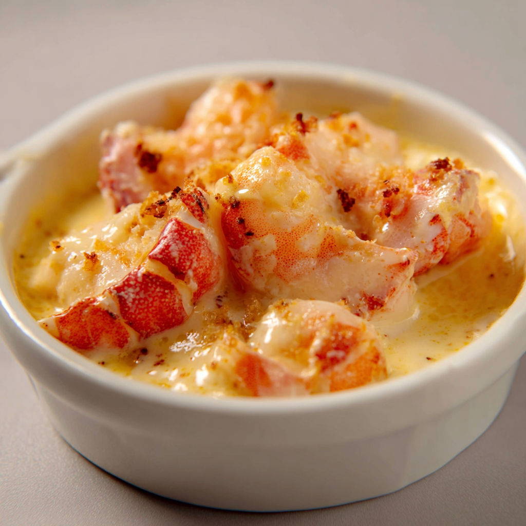 Langoustes flambées au cognac accompagnées de crème dans un joli plat.