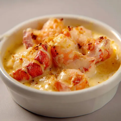 Langoustes flambées au cognac accompagnées de crème dans un joli plat.
