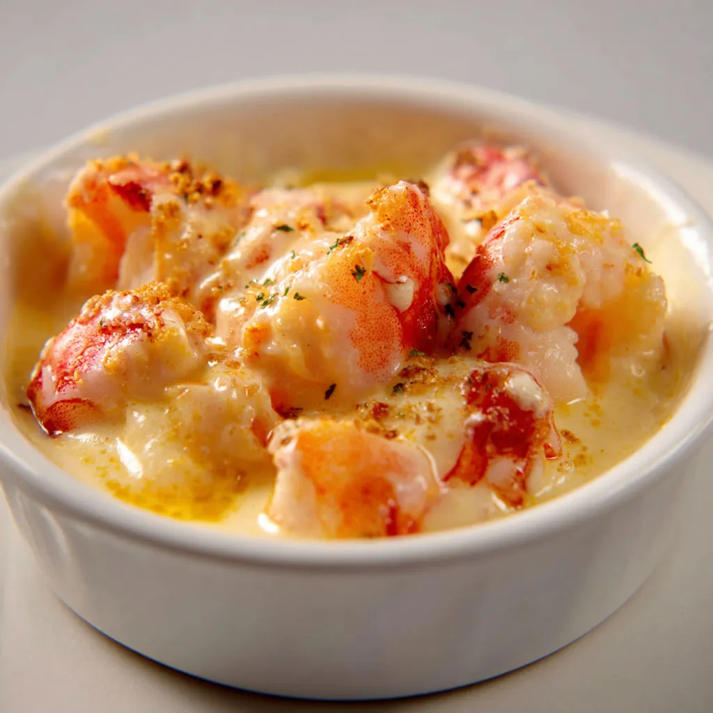 Bol de soupe de langoustine avec des croûtons.