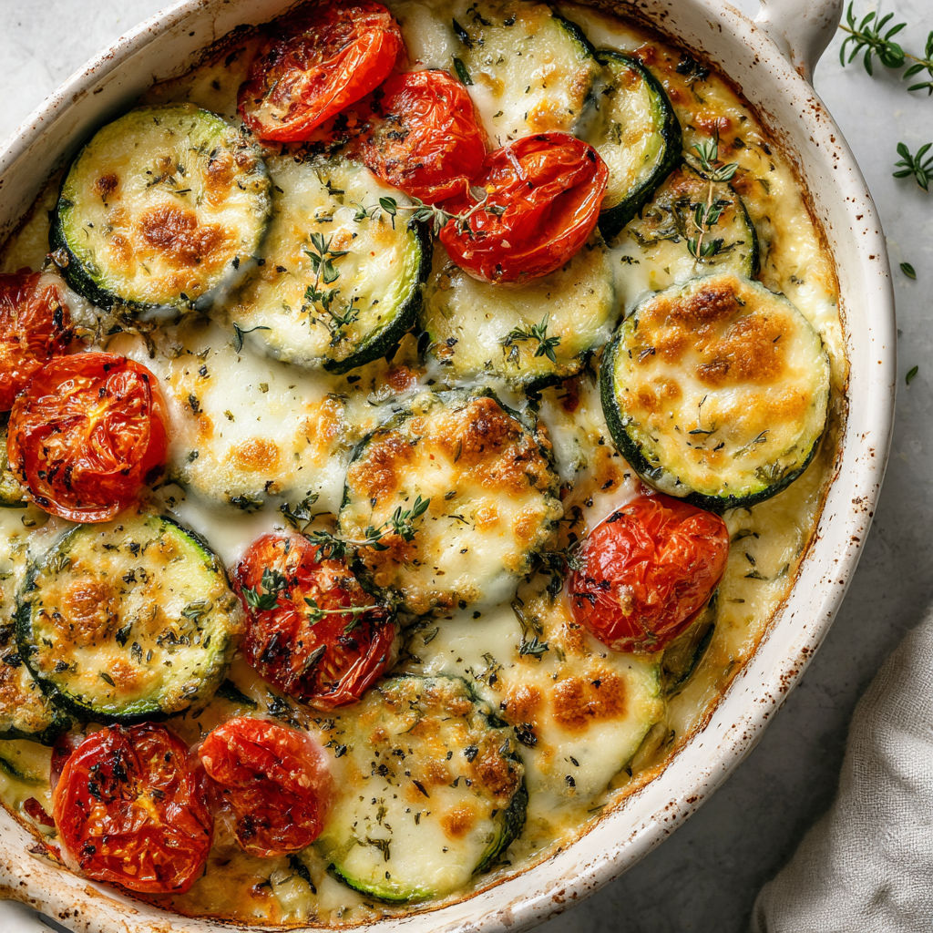 Un gratin de courgettes avec mozzarella fondue, tranches de tomates et herbes servi dans un plat rustique.