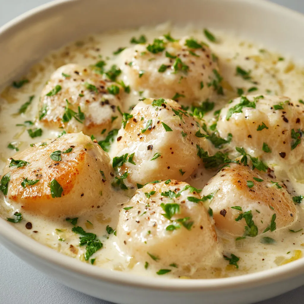 Une soupe de Saint-Jacques parsemée d’herbes.