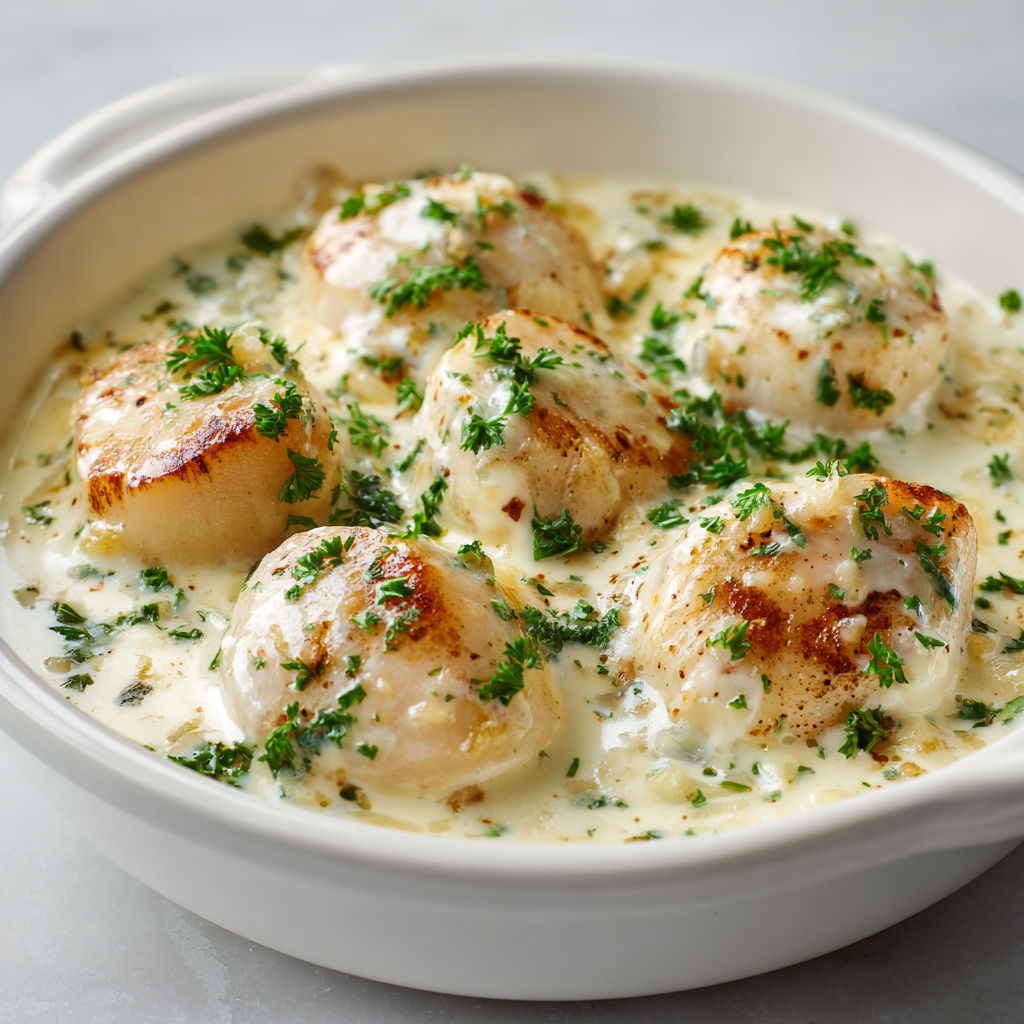Une cassolette de Saint-Jacques garnie d’herbes et légumes.
