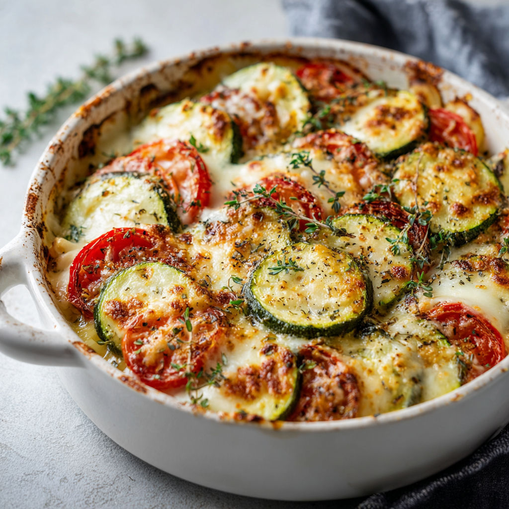 Un plat de courgettes et tomates gratinées, servi dans un bol en céramique.