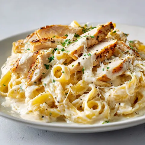 Assiette de fettuccines Alfredo au poulet avec des herbes fraîches et du cacao, servie élégamment.