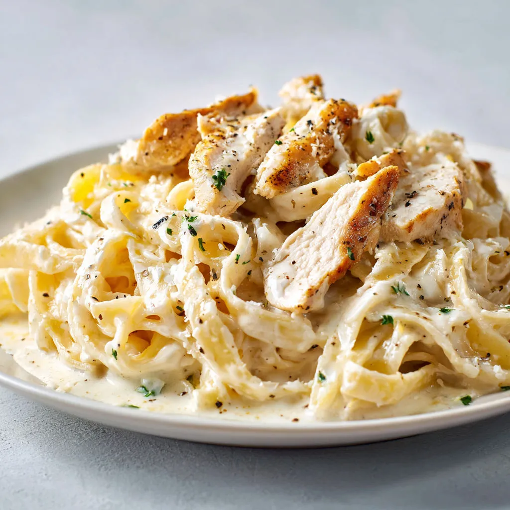 Une assiette de spaghetti, morceaux de poulet et herbes fraîches.