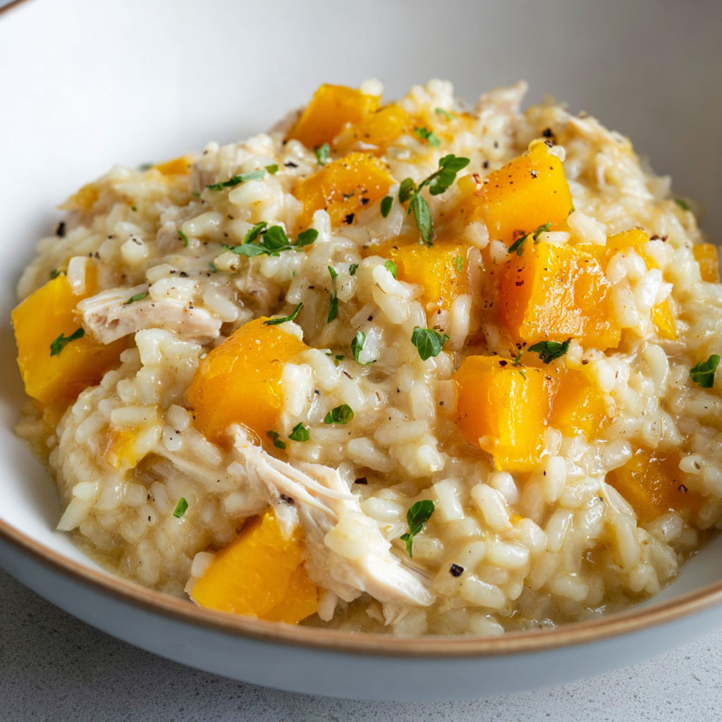 Poulet et courge cuisinés en risotto, servis dans un bol en céramique pour un repas délicieux et chaleureux.