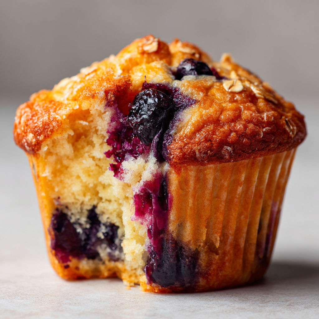 Un muffin moelleux aux bleuets avec une touche de beurre visible.