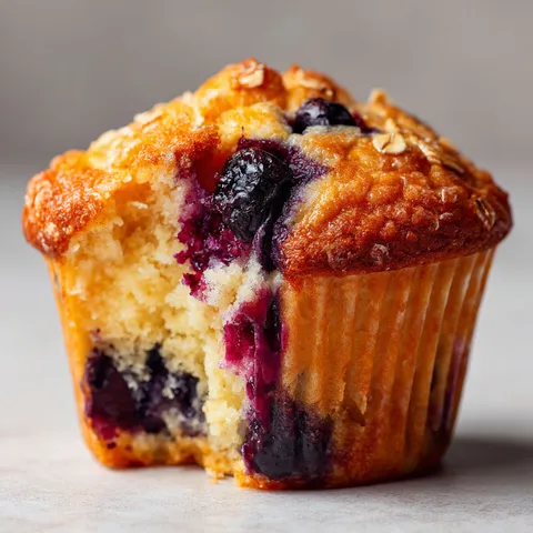 Un muffin moelleux aux bleuets avec une touche de beurre visible.