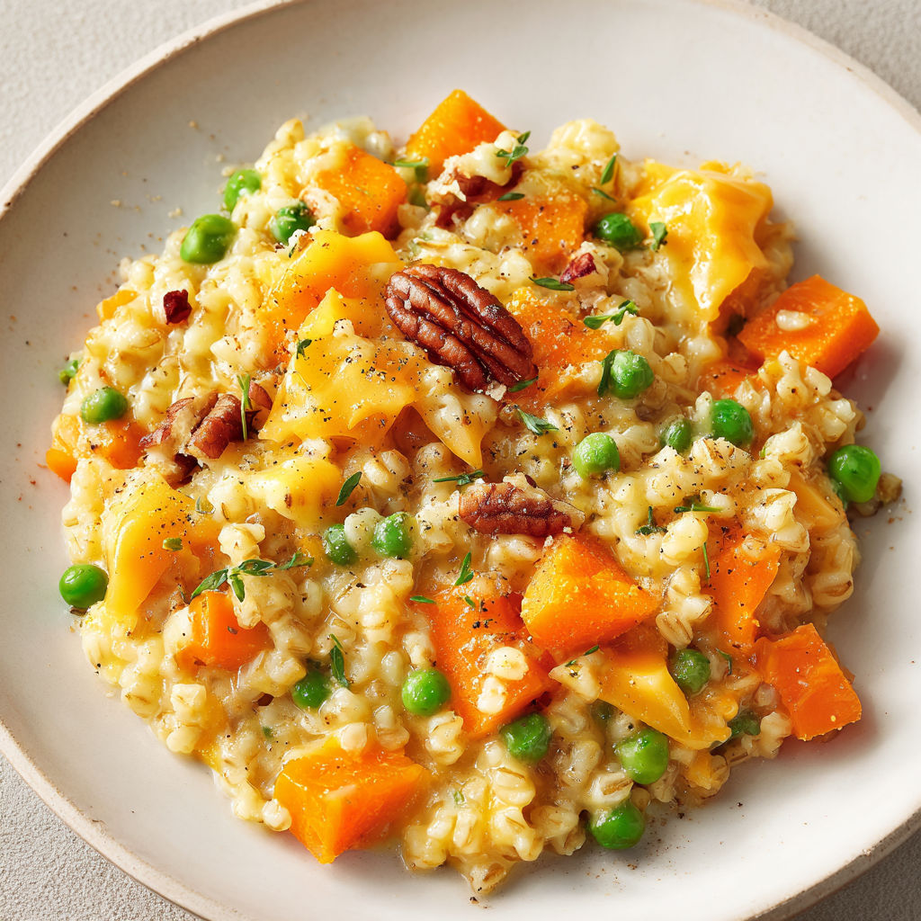 Plat d’orge, légumes et cheddar fondu, accompagné de carottes et pois, présenté sur une table.