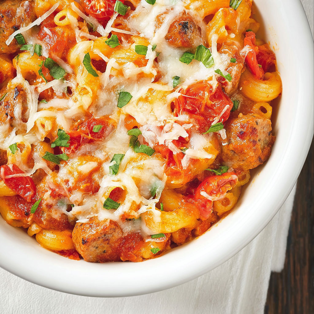 Plat de macaronis sauce tomate avec boulettes de viande.