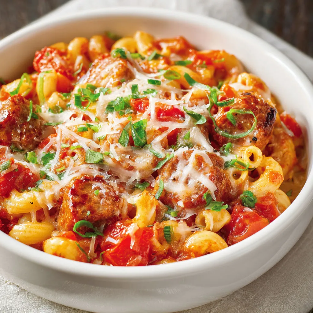 Plat de macaronis sauce tomate avec boulettes de viande.