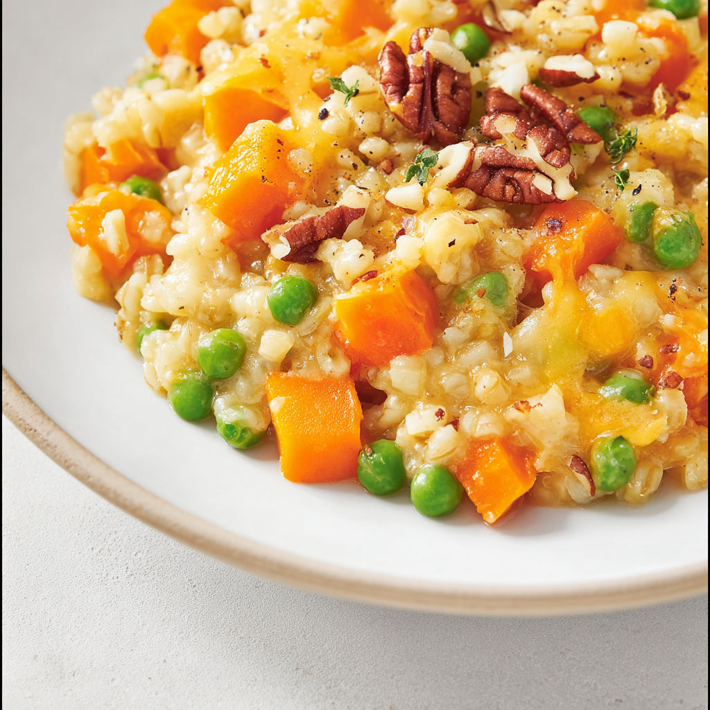 Un plat d’orge fondant aux légumes, petits pois et cheddar fondu, servi tout chaud.