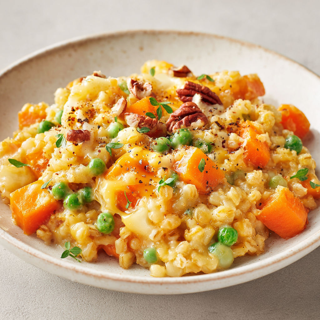 Bol d’orge crémeux aux légumes et cheddar fondant, posé sur la table.