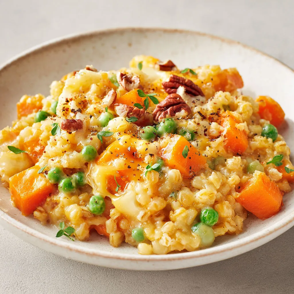 Bol d’orge crémeux aux légumes et cheddar fondant, posé sur la table.