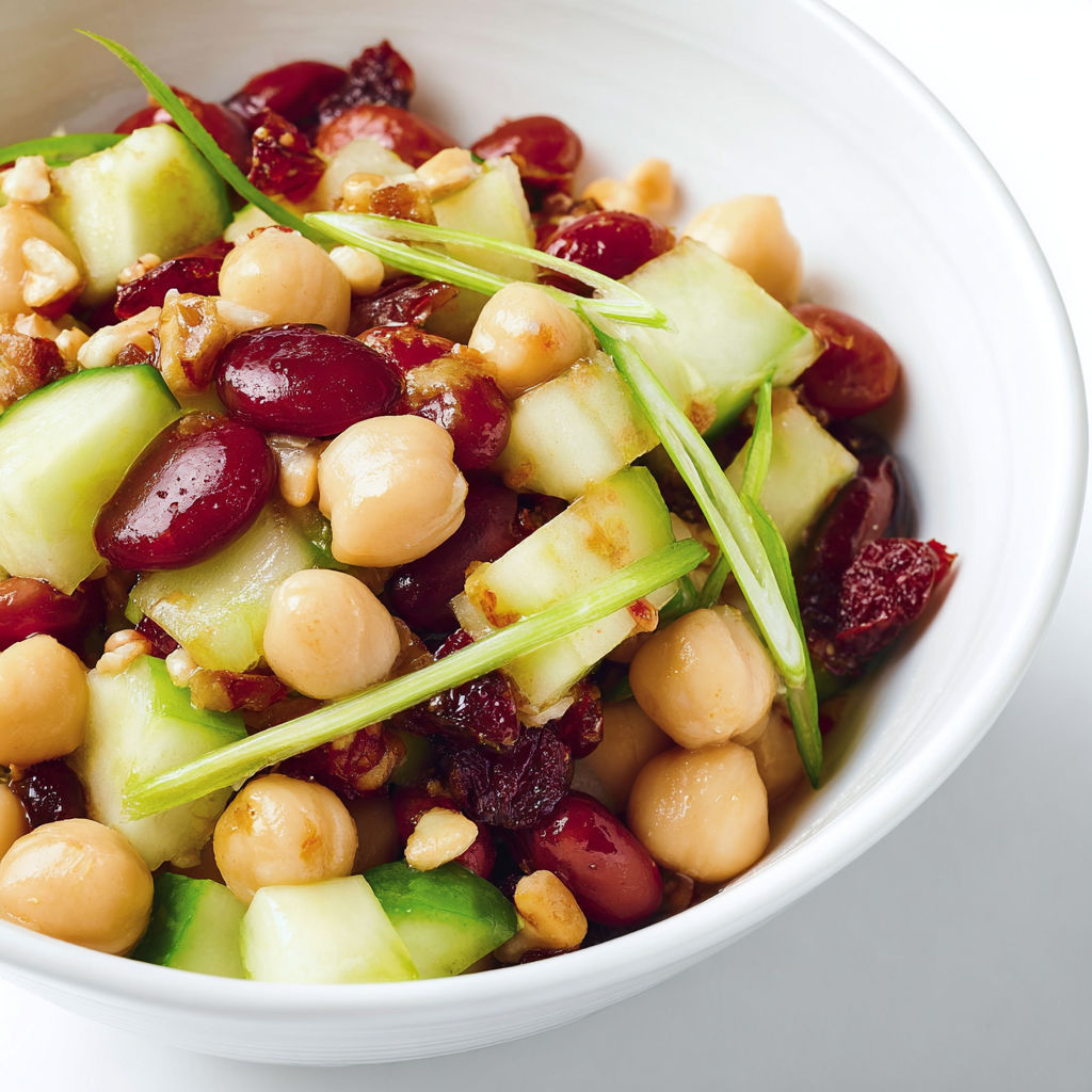 Un bol blanc de salade mêlant pois chiches, tomates cerise, concombre, raisins, noix et épinards.