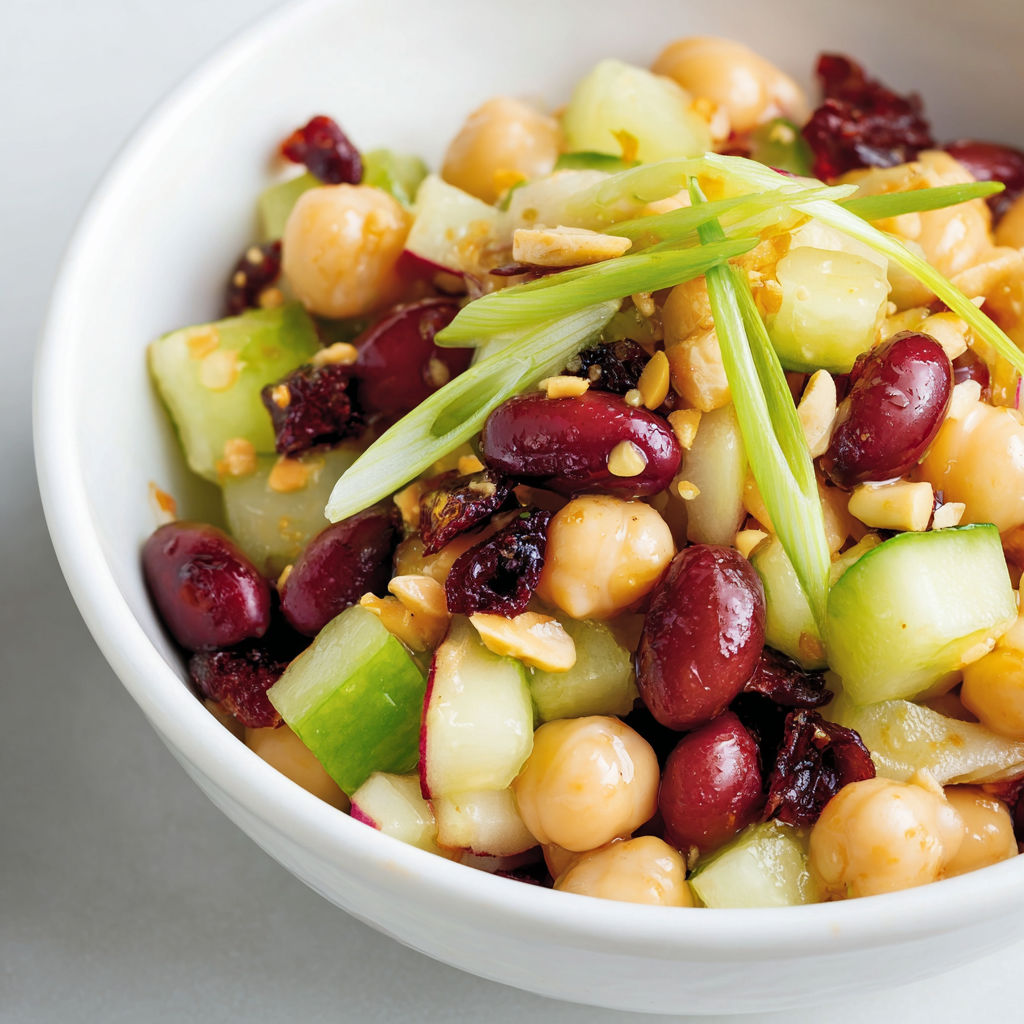 Salade de pois chiches, concombre, tomates cerise et raisins secs dans un bol blanc.