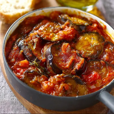 Plat réconfortant d’aubergines fondantes à la sauce tomate servi sur une table.