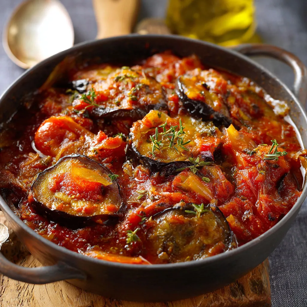 Une sauce à la tomate et aux aubergines servie dans un bol en métal.